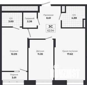 2-к квартира, строящийся дом, 60м2, 2/9 этаж