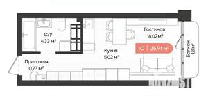 1-к квартира, вторичка, 26м2, 18/20 этаж