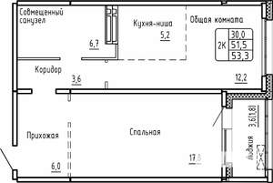 2-к квартира, строящийся дом, 53м2, 15/17 этаж
