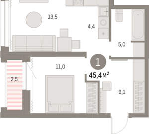 1-к квартира, вторичка, 45м2, 23/30 этаж