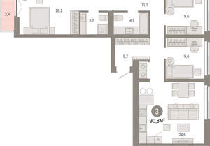 3-к квартира, вторичка, 91м2, 7/23 этаж
