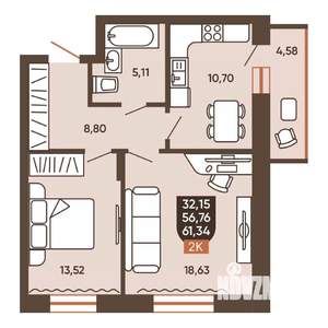 2-к квартира, вторичка, 61м2, 5/19 этаж