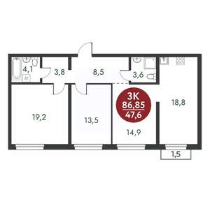 3-к квартира, вторичка, 87м2, 6/14 этаж