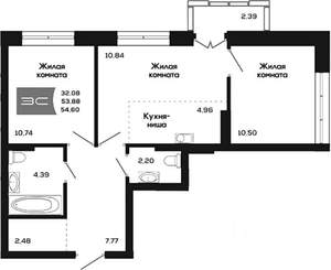 2-к квартира, вторичка, 54м2, 17/25 этаж