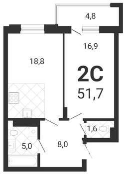 2-к квартира, вторичка, 50м2, 3/18 этаж