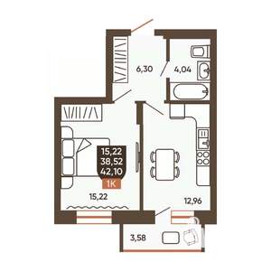 1-к квартира, вторичка, 42м2, 15/19 этаж