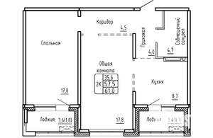 2-к квартира, строящийся дом, 61м2, 11/17 этаж