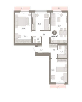 3-к квартира, вторичка, 90м2, 6/12 этаж