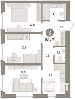 3-к квартира, вторичка, 63м2, 8/9 этаж