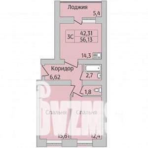 3-к квартира, строящийся дом, 56м2, 2/12 этаж