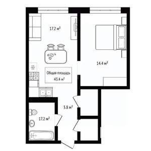 1-к квартира, вторичка, 43м2, 4/9 этаж