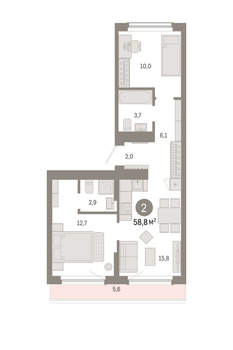 2-к квартира, вторичка, 59м2, 8/12 этаж