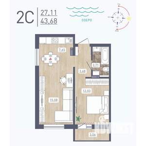 2-к квартира, строящийся дом, 44м2, 6/17 этаж