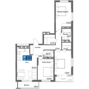 3-к квартира, строящийся дом, 89м2, 23/25 этаж