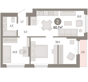 2-к квартира, вторичка, 61м2, 5/12 этаж