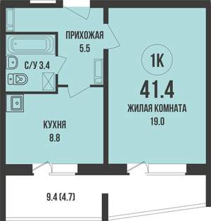 1-к квартира, строящийся дом, 41м2, 3/13 этаж