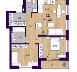 3-к квартира, вторичка, 62м2, 18/23 этаж