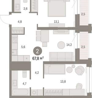 2-к квартира, вторичка, 67м2, 22/30 этаж