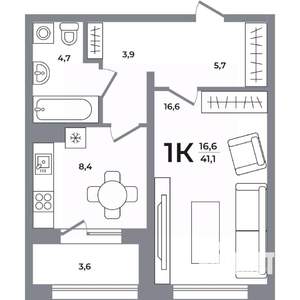 1-к квартира, вторичка, 41м2, 8/12 этаж
