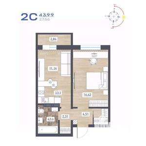 2-к квартира, строящийся дом, 44м2, 3/17 этаж