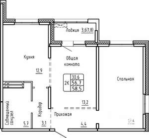 2-к квартира, вторичка, 59м2, 12/17 этаж