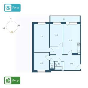 3-к квартира, строящийся дом, 87м2, 17/17 этаж