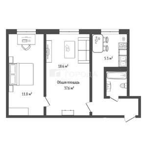 2-к квартира, вторичка, 38м2, 2/2 этаж