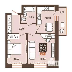 2-к квартира, вторичка, 61м2, 17/19 этаж