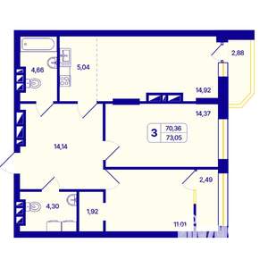 3-к квартира, вторичка, 73м2, 25/26 этаж