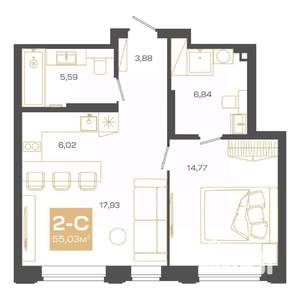 2-к квартира, строящийся дом, 55м2, 2/24 этаж