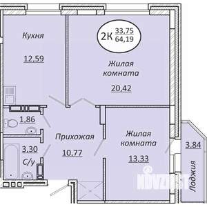 2-к квартира, вторичка, 64м2, 9/25 этаж