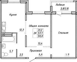 2-к квартира, строящийся дом, 59м2, 17/17 этаж