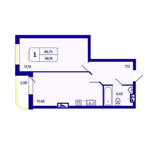 1-к квартира, вторичка, 48м2, 2/26 этаж