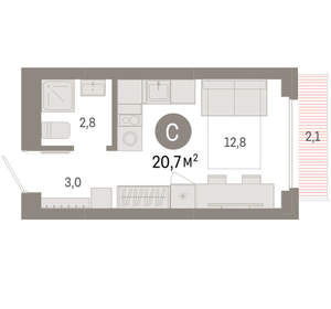 Студия квартира, вторичка, 21м2, 2/12 этаж