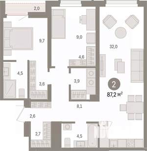 2-к квартира, вторичка, 87м2, 8/15 этаж