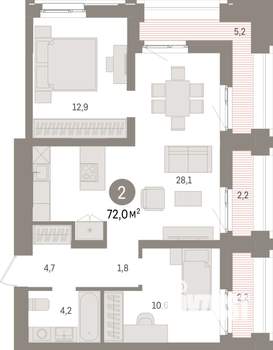 2-к квартира, вторичка, 72м2, 14/16 этаж