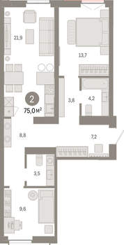 2-к квартира, вторичка, 75м2, 2/23 этаж