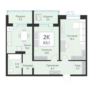 2-к квартира, сданный дом, 63м2, 14/15 этаж
