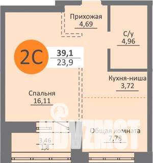 2-к квартира, строящийся дом, 37м2, 1/25 этаж