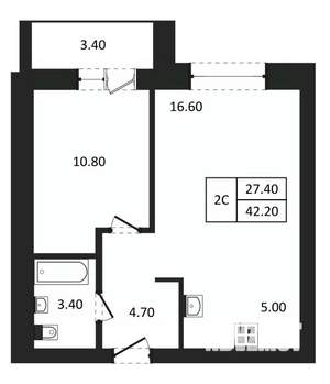 2-к квартира, вторичка, 42м2, 9/9 этаж