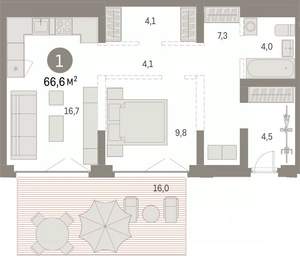 1-к квартира, вторичка, 67м2, 1/7 этаж