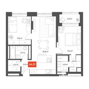 2-к квартира, вторичка, 66м2, 6/10 этаж