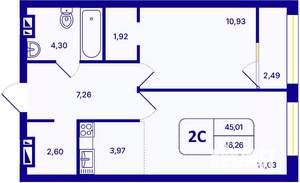 2-к квартира, вторичка, 46м2, 18/26 этаж