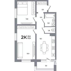 2-к квартира, вторичка, 58м2, 13/17 этаж