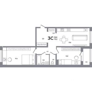 2-к квартира, вторичка, 70м2, 11/12 этаж