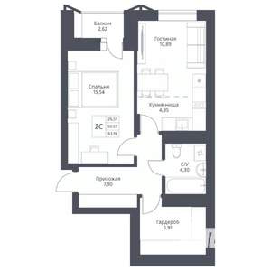 2-к квартира, вторичка, 53м2, 12/24 этаж