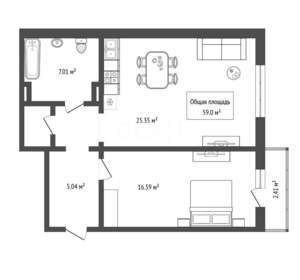 1-к квартира, вторичка, 59м2, 1/10 этаж