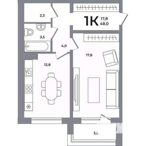 1-к квартира, вторичка, 48м2, 7/12 этаж