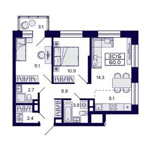 3-к квартира, вторичка, 60м2, 4/23 этаж