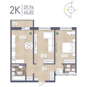 2-к квартира, строящийся дом, 66м2, 2/17 этаж